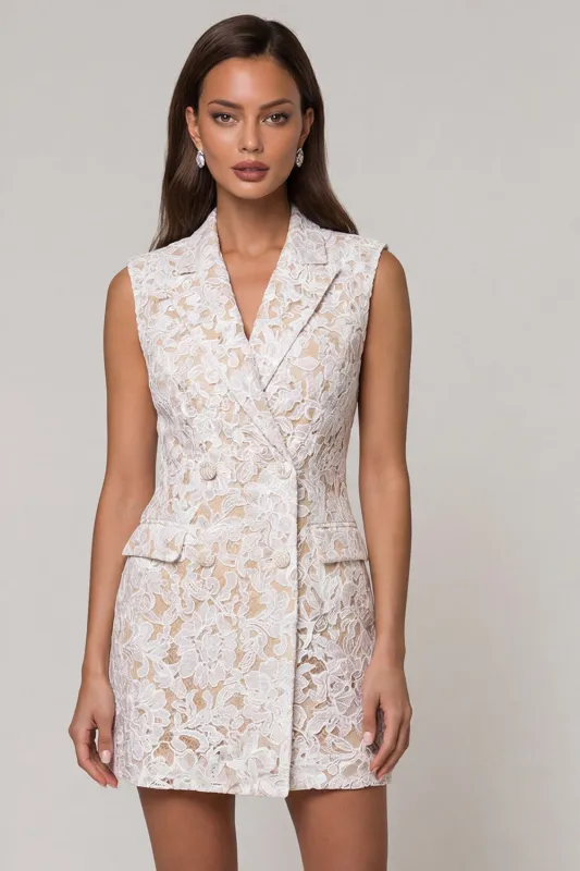 Lace Ivory Peaked Lapel Sheath Short Work Dress made by Zapaka