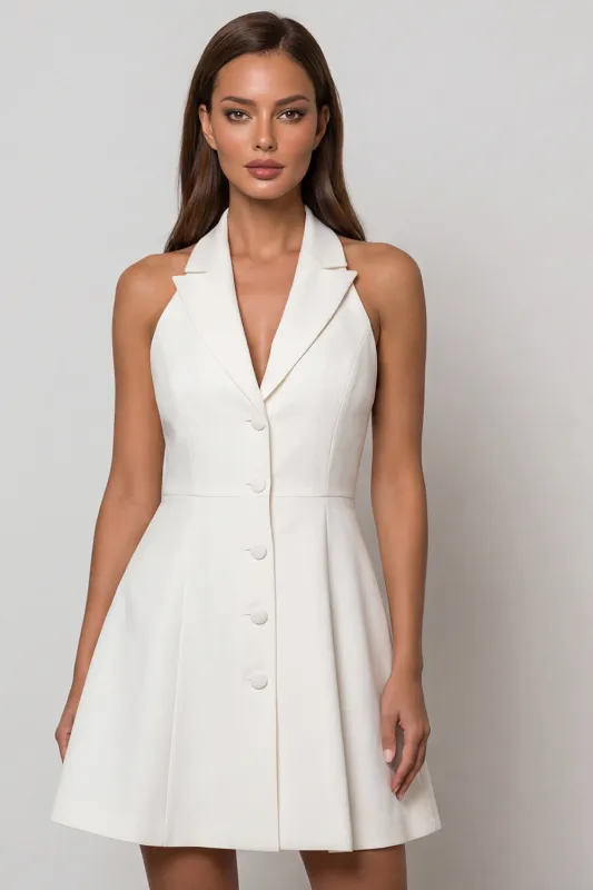 Halter White Single-breasted A Line Short Work Dress made by Zapaka