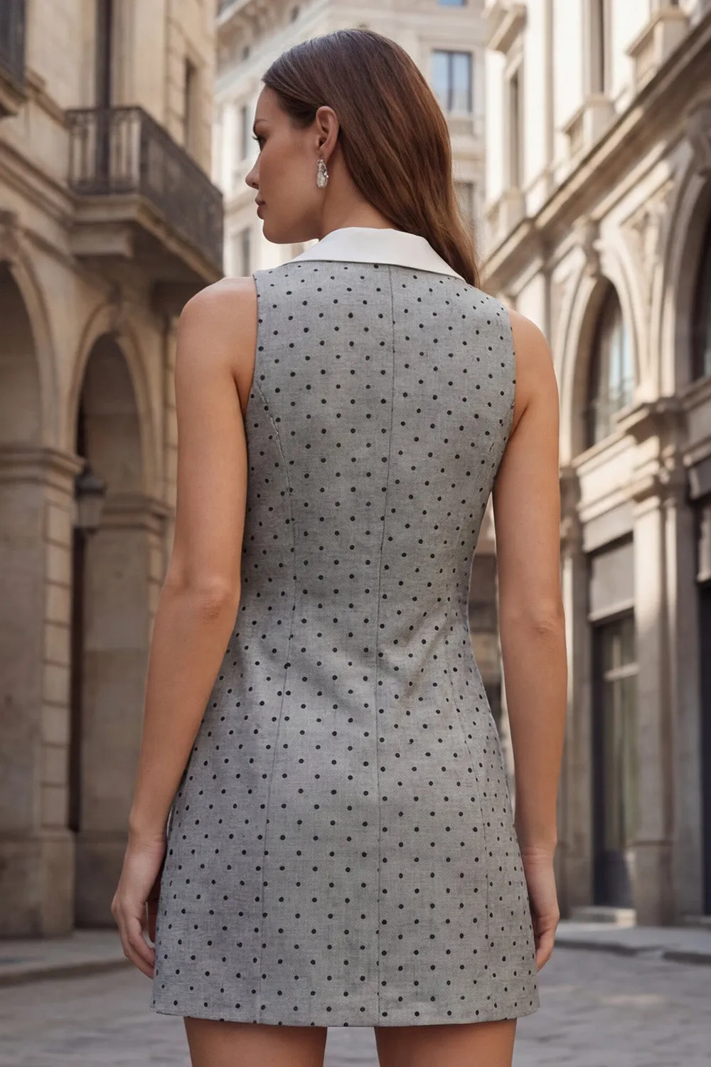 Grey Notched Lapel Sheath Short Polka Dot Work Dress sold by Zapaka product image thumbnail 2