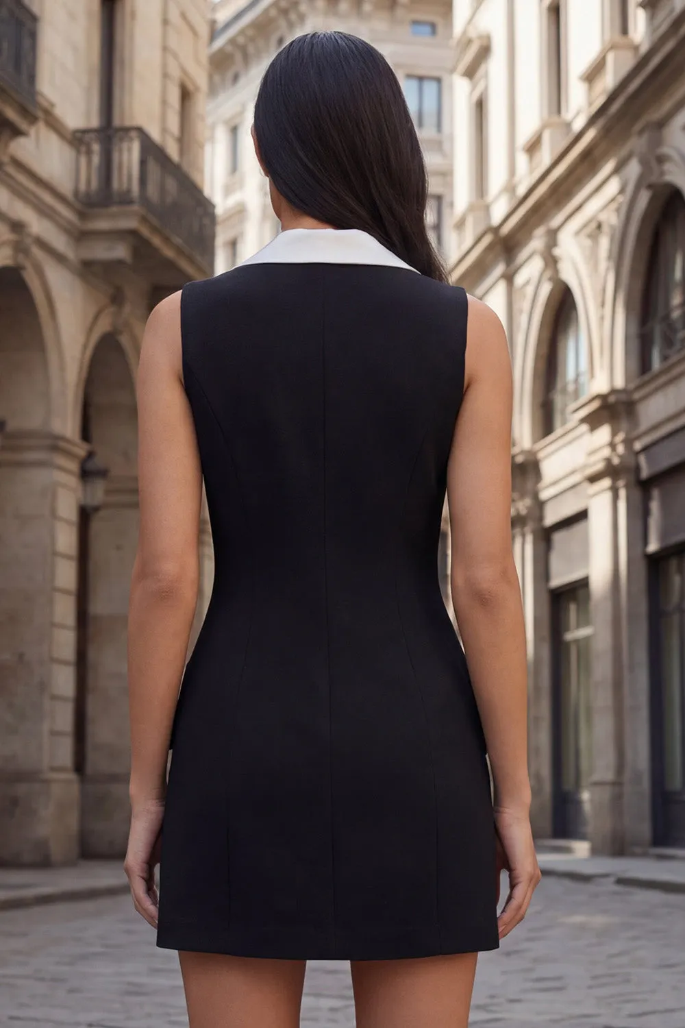 Black Notched Lapel Double-breasted Sheath Short Work Dress sold by Zapaka product image thumbnail 2