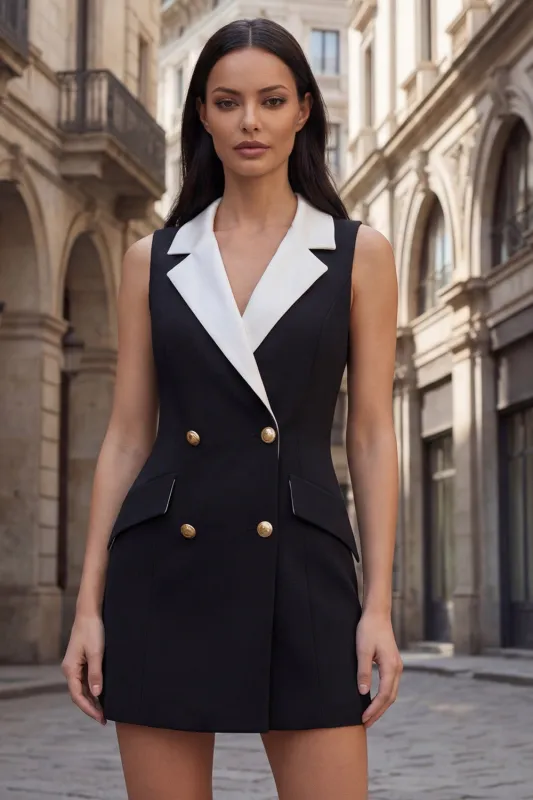 Black Notched Lapel Double-breasted Sheath Short Work Dress made by Zapaka