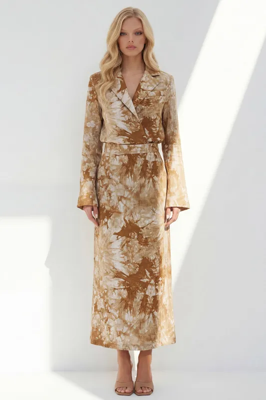 Brown 2 Piece Notched Lapel Long Sleeves Printed Business Suits with Back Slit made by Zapaka
