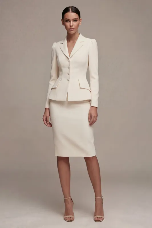 Ivory Long Sleeves 2 Piece Notched Lapel Midi Business Dress with Slit made by Zapaka