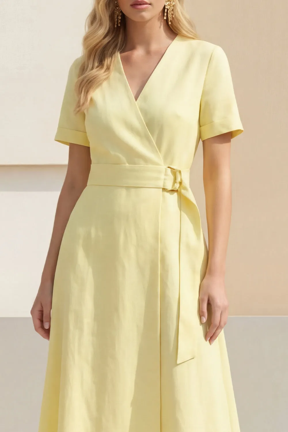 Light Yellow A-Line V-Neck Midi Satin Work Dress with Belt sold by Zapaka product image thumbnail 3