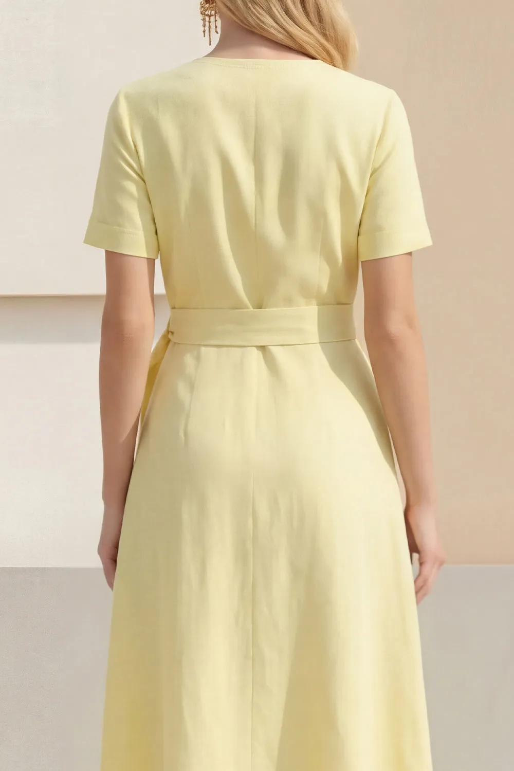 Light Yellow A-Line V-Neck Midi Satin Work Dress with Belt sold by Zapaka product image thumbnail 4