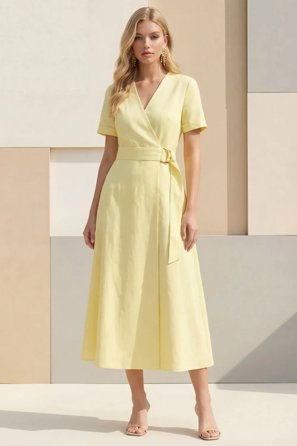 Light Yellow A-Line V-Neck Midi Satin Work Dress with Belt sold by Zapaka
