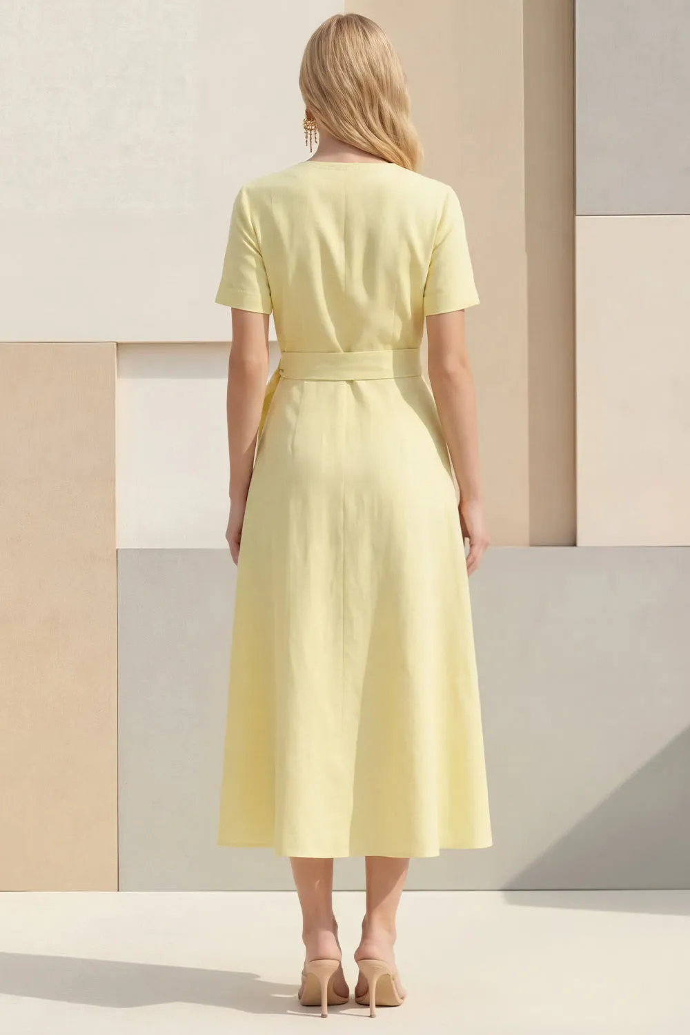 Light Yellow A-Line V-Neck Midi Satin Work Dress with Belt sold by Zapaka product image thumbnail 2