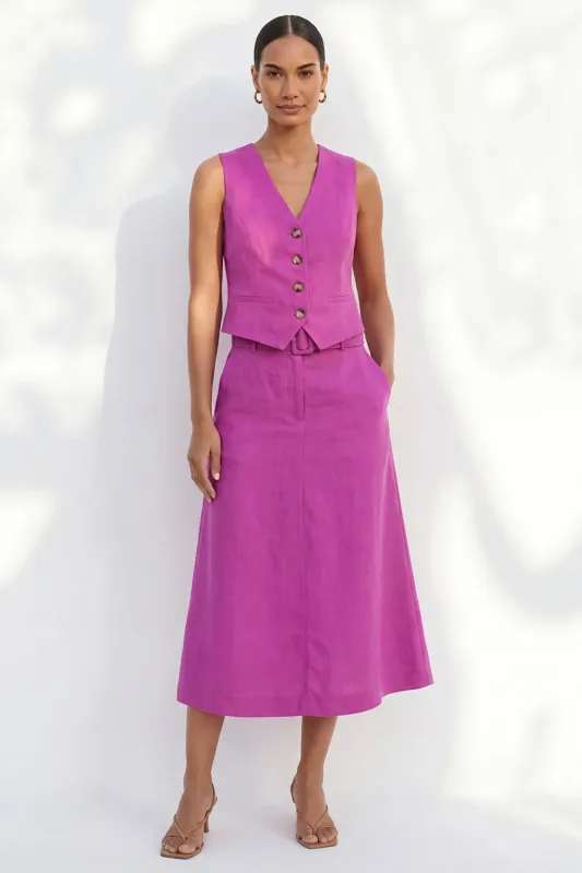 Fuchsia V-Neck Single Breasted Slim Fit Midi Work Dress with Belt made by Zapaka