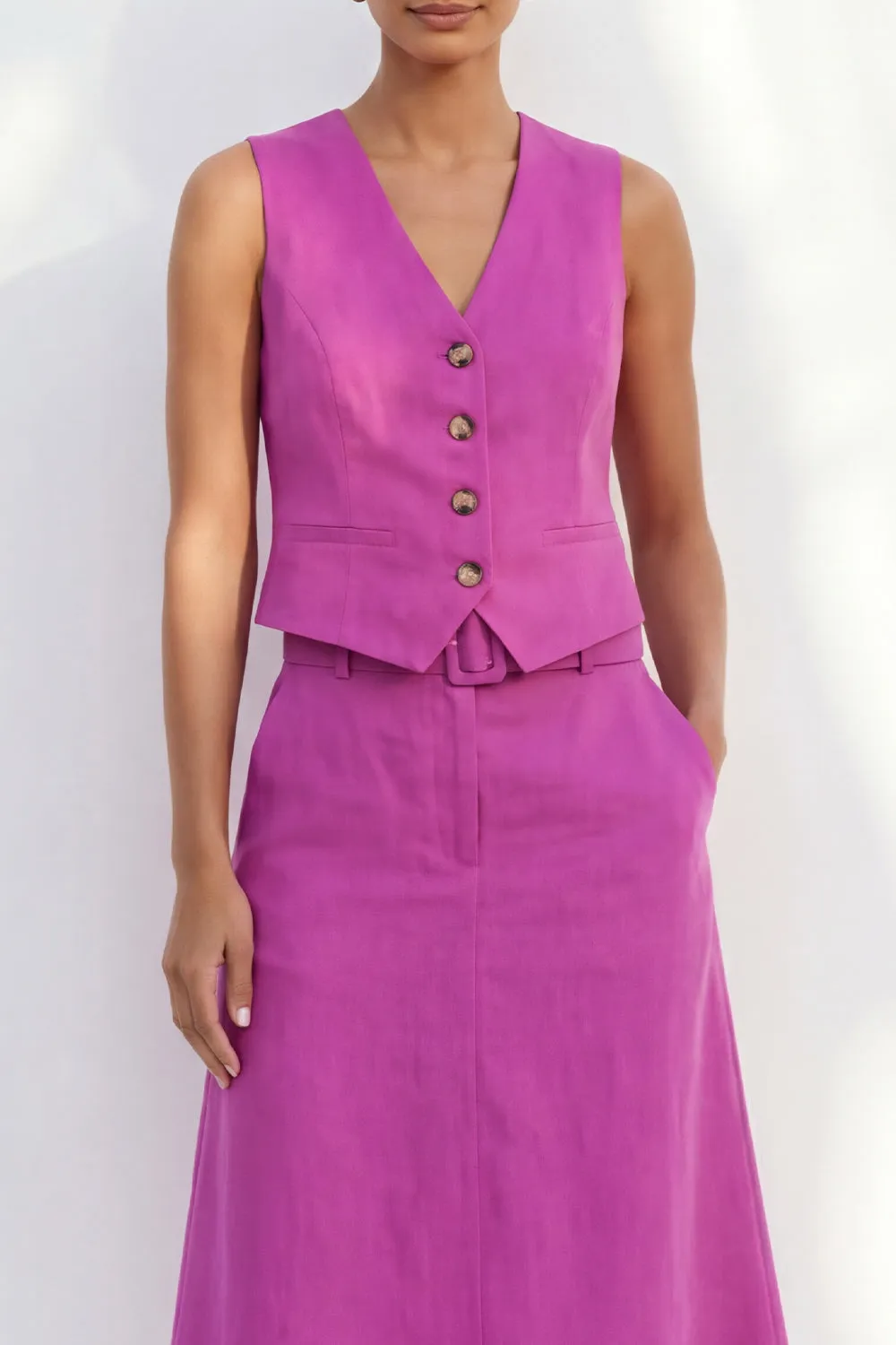 Fuchsia V-Neck Single Breasted Slim Fit Midi Work Dress with Belt sold by Zapaka product image thumbnail 3