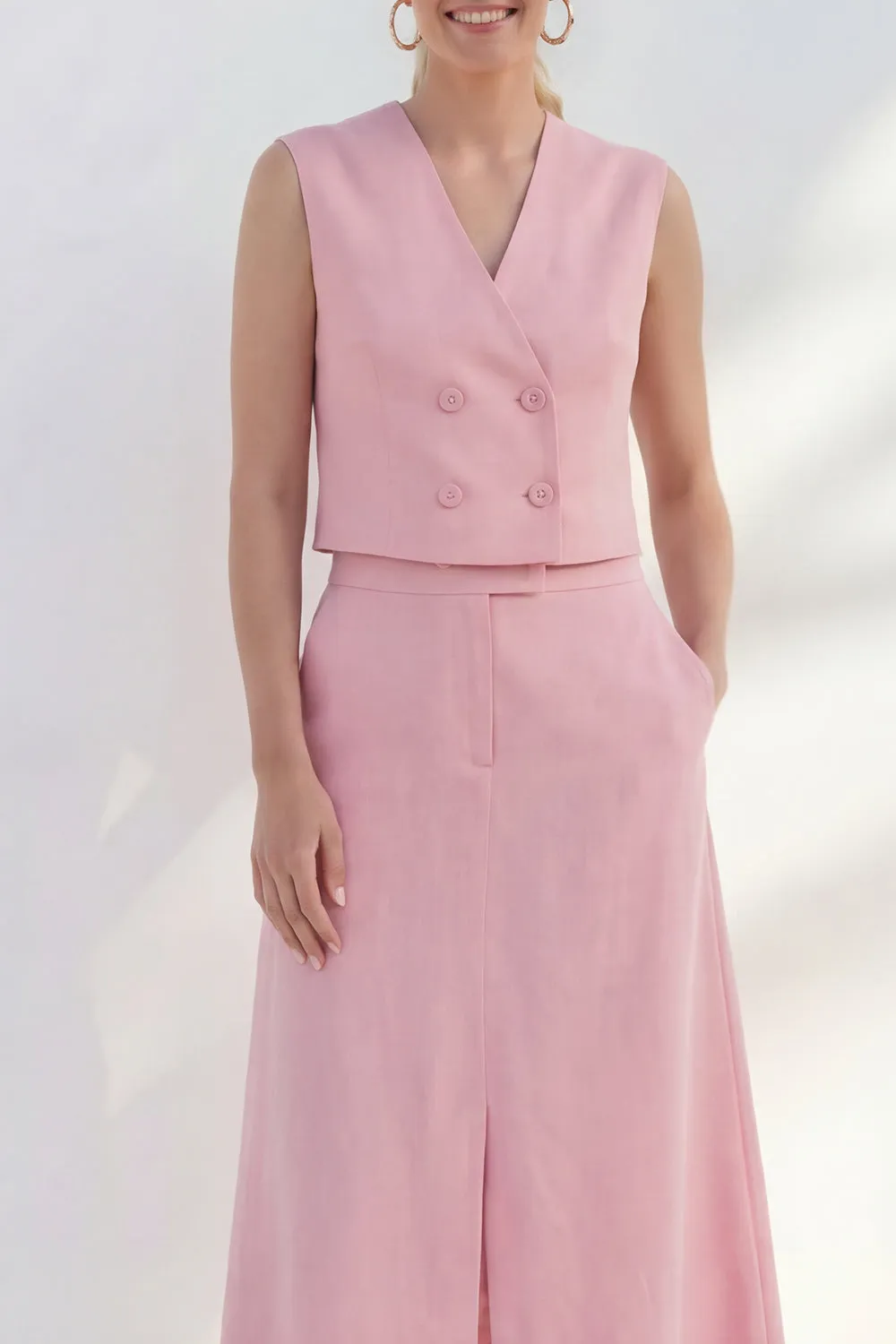 Pink V-Neck Double Breasted Midi Work Dress with Slit sold by Zapaka product image thumbnail 3