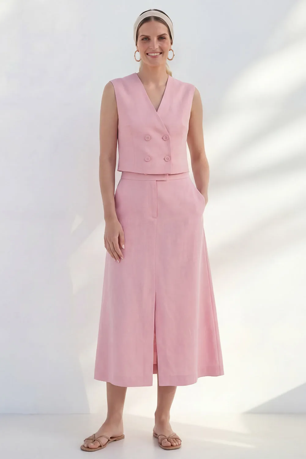 Pink V-Neck Double Breasted Midi Work Dress with Slit sold by Zapaka