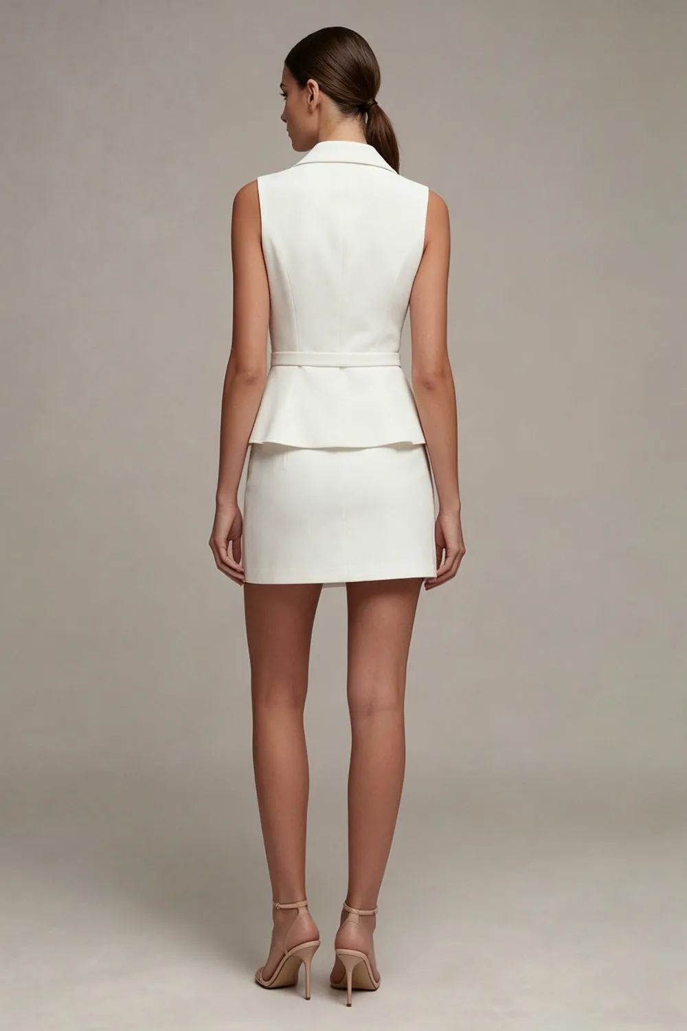 White 2 Piece Notched Lapel Single Breasted Short Business Dress with Belt sold by Zapaka product image thumbnail 2