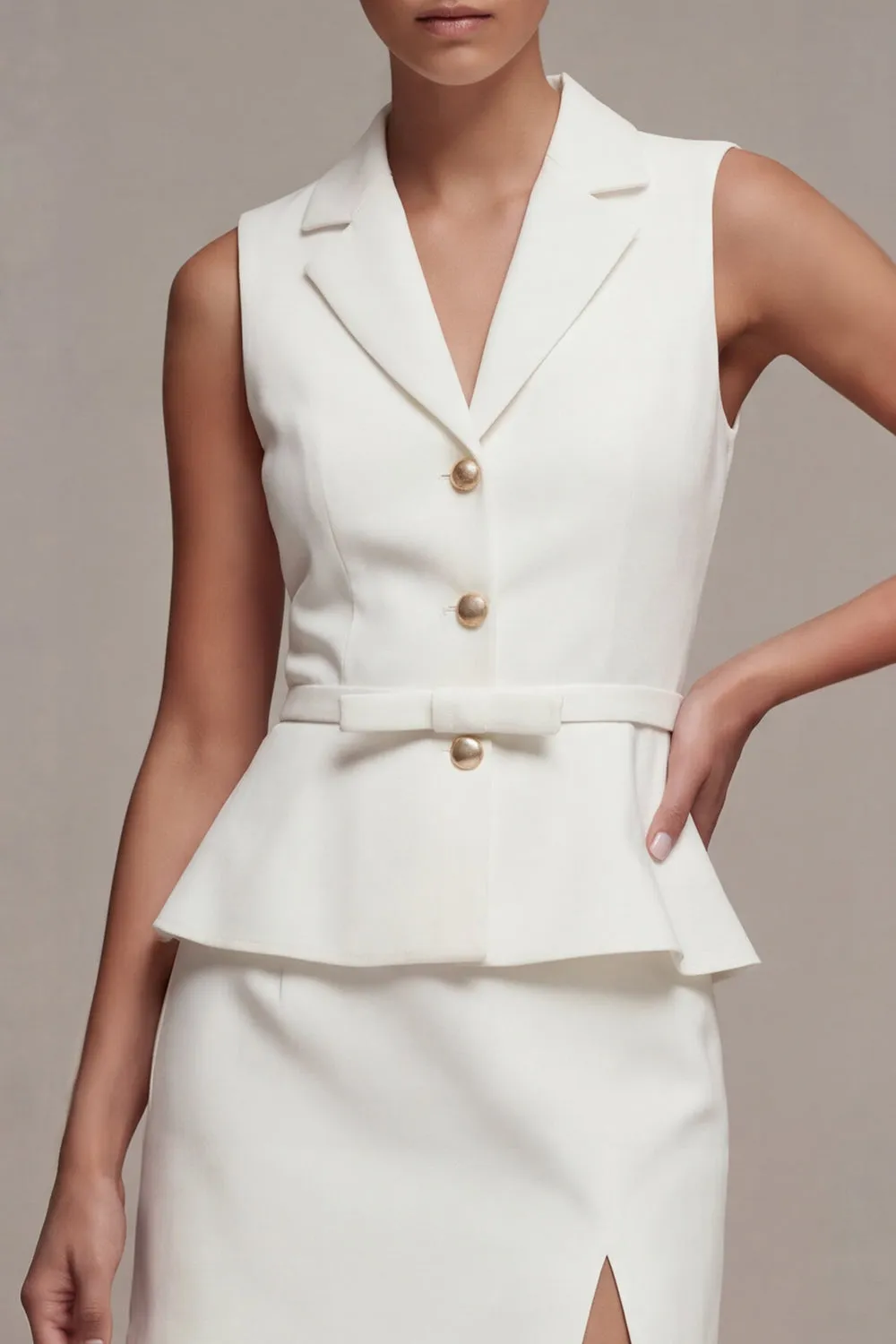 White 2 Piece Notched Lapel Single Breasted Short Business Dress with Belt sold by Zapaka product image thumbnail 4