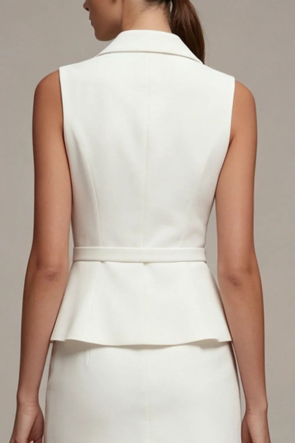 White 2 Piece Notched Lapel Single Breasted Short Business Dress with Belt sold by Zapaka product image thumbnail 5