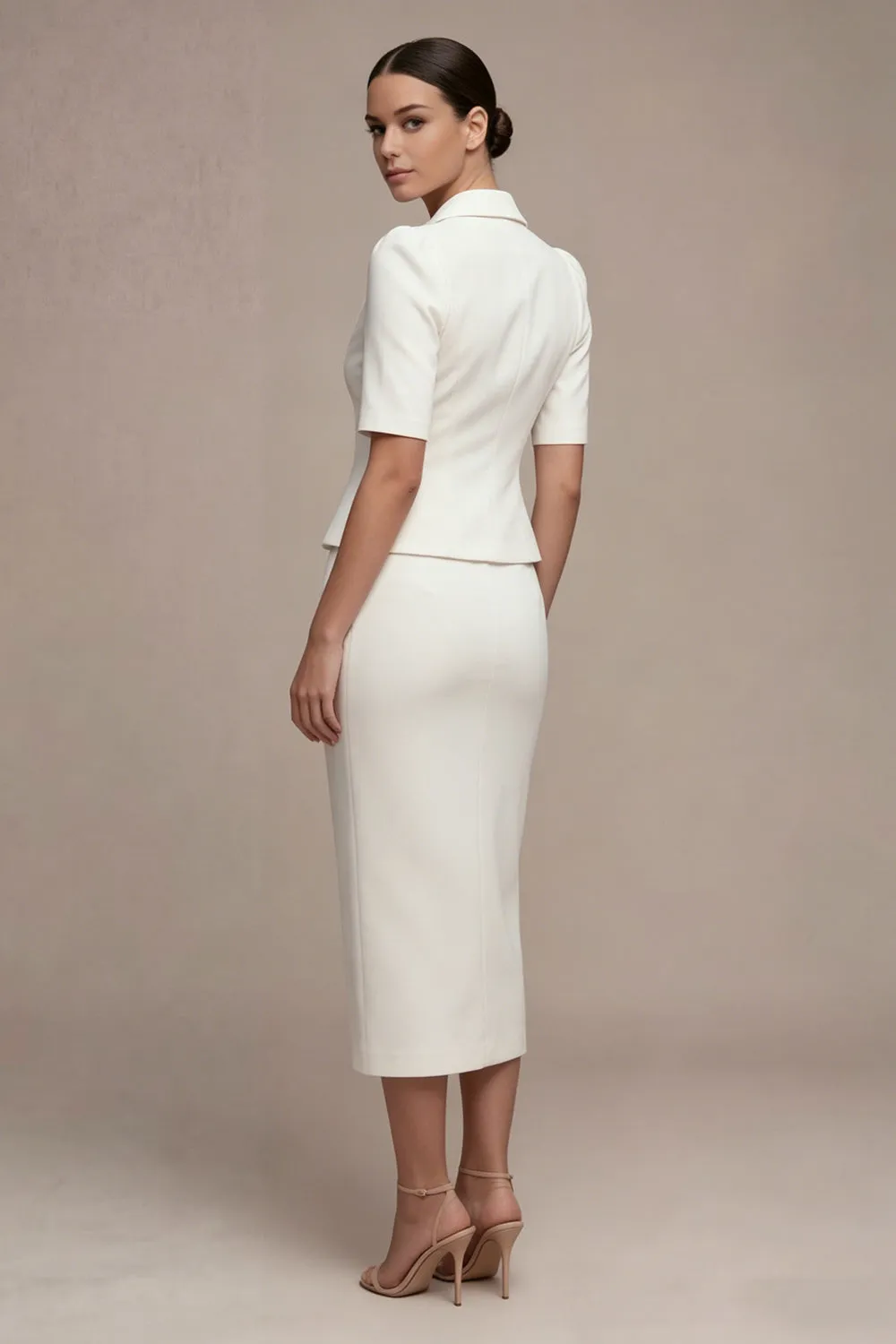 White Single Breasted 2 Piece Notched Lapel Long Business Dress with Pockets sold by Zapaka product image thumbnail 2