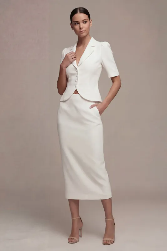 White Single Breasted 2 Piece Notched Lapel Long Business Dress with Pockets made by Zapaka