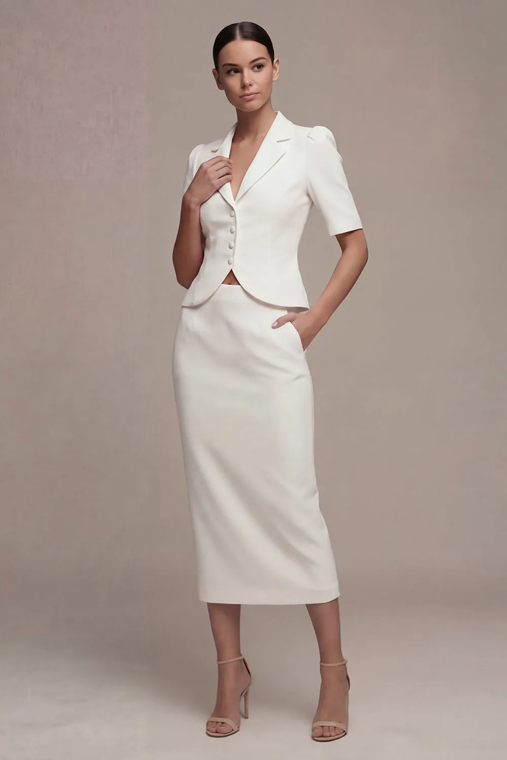 White Single Breasted 2 Piece Notched Lapel Long Business Dress with Pockets sold by Zapaka