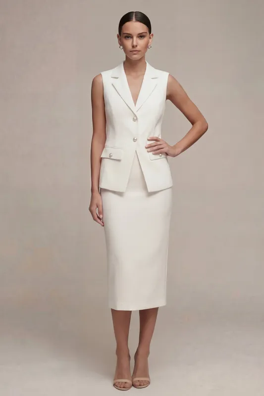 Single Breasted White Midi 2 Piece Notched Lapel Business Dress with Back Slit made by Zapaka