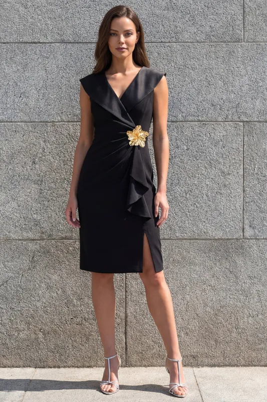 Black Ruched V Neck 3D Flower Mini Work Dress made by Zapaka