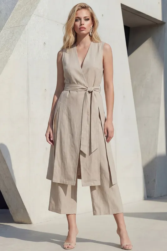 Khaki V-Neck Bodycon Midi Slit Women Suit with Belt made by Zapaka