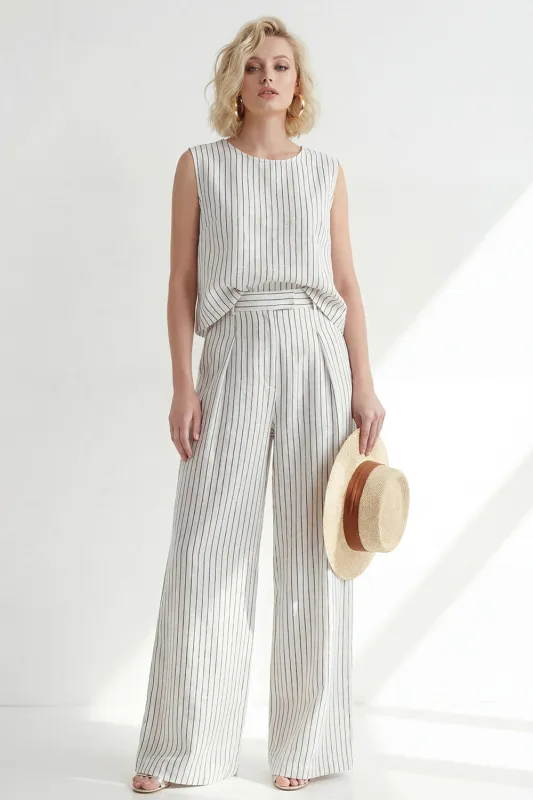 White Crew Neck Stripe Sleeveless Long Women Suit made by Zapaka