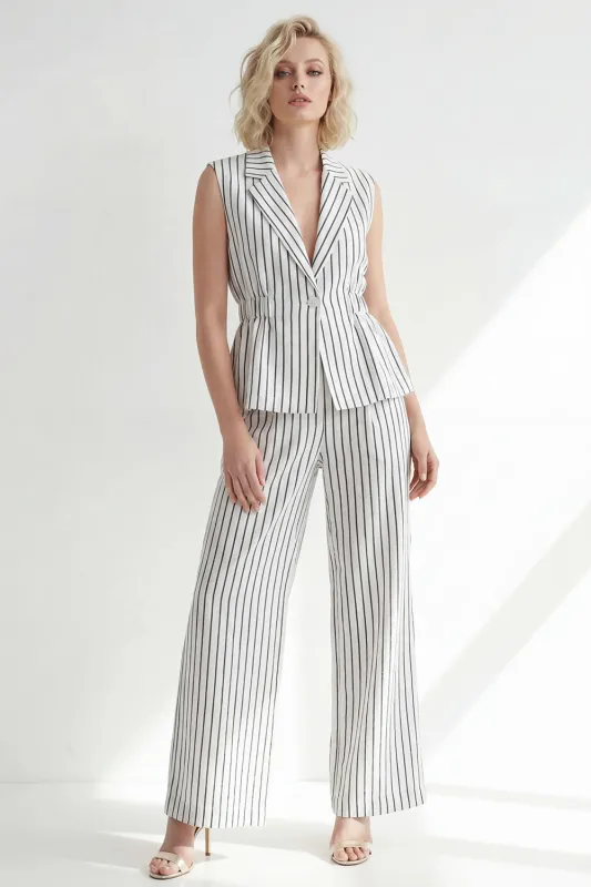 White Notched Lapel Stripe One Button Long Women Suit with Belt made by Zapaka