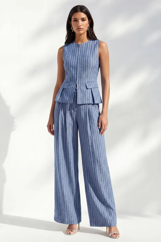Dark Blue Stripe Crew Neck Slim Fit Long Women Suit made by Zapaka