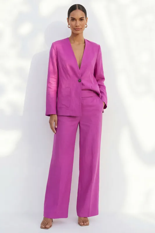 Fuchsia V-Neck One Button Satin Long Women Suit made by Zapaka