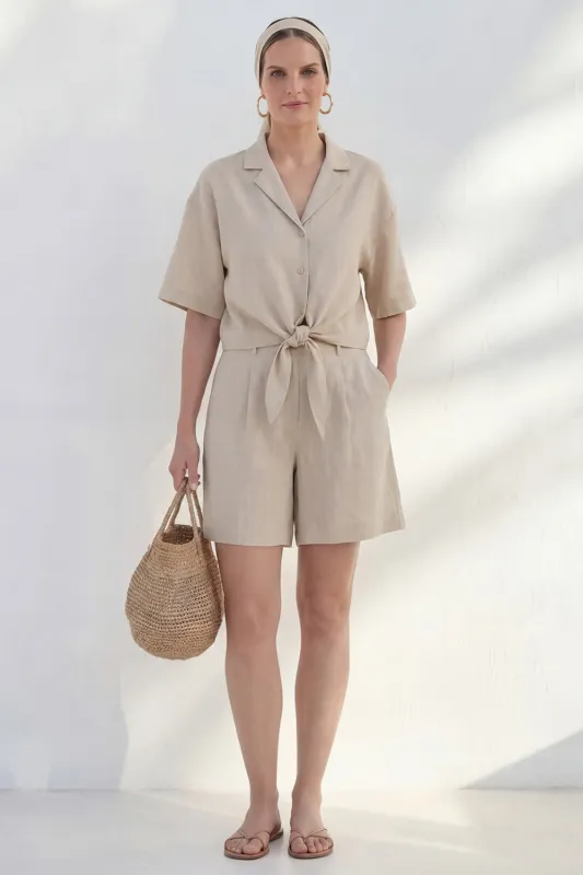 Khaki Notched Lapel Single Breasted Short Sleeves Women Suit made by Zapaka