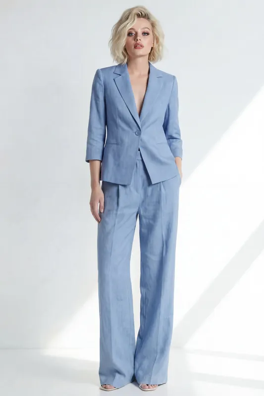 Dusty Blue Notched Lapel One Button Slim Fit Long Women Suit made by Zapaka