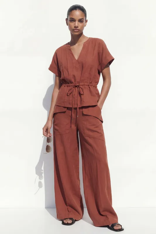 Caramel V-Neck Short Sleeves Long Women Suit with Belt made by Zapaka