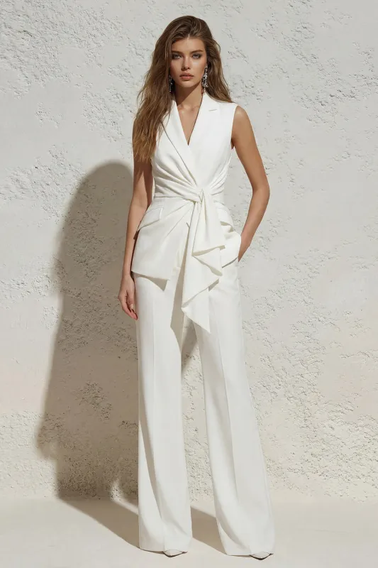 White Notched Lapel Ruched Slim Fit Long Women Suit made by Zapaka