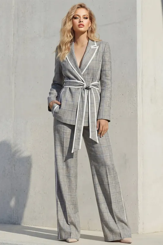 Grey Peak Lapel 2-Piece Women Suits with Belt made by Zapaka