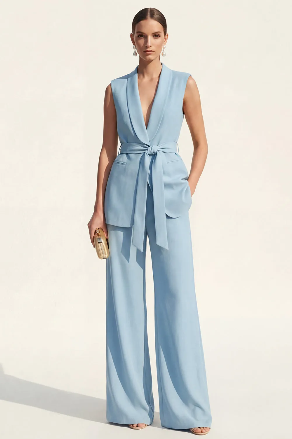 Shawl Lapel Blue 2-Piece Women Suits with Belt sold by Zapaka