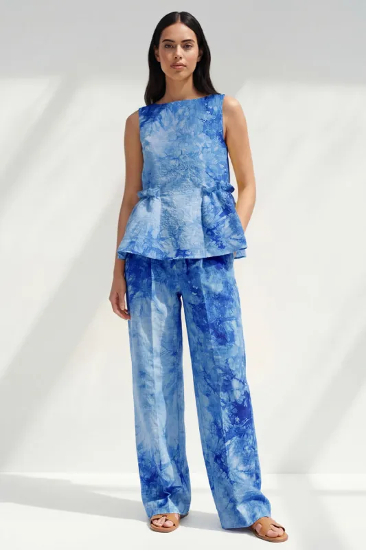 Blue 2 Piece Ruffled Bateau Neck Printed Business Suits with Pockets made by Zapaka
