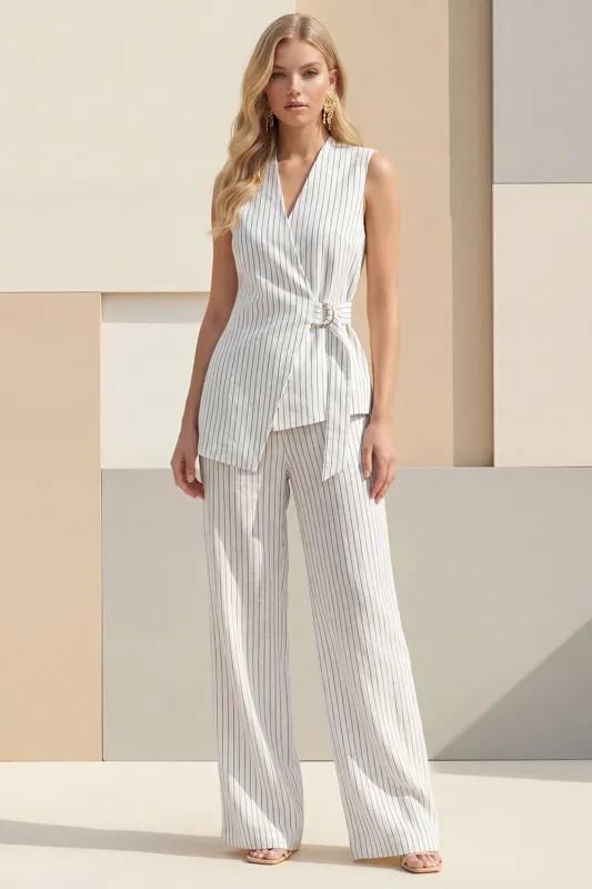 White Shawl Lapel Striped Wide Leg 2 Piece Business Suits with Sash made by Zapaka