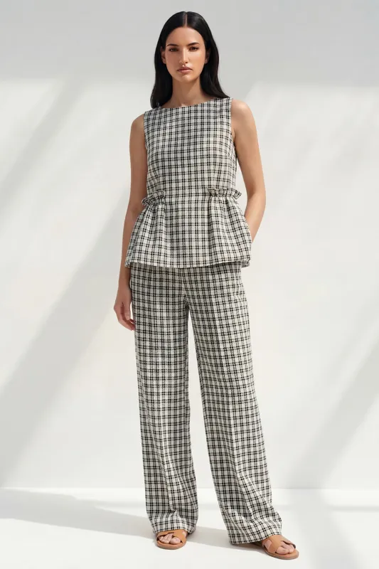 2 Piece Black and White Grid Boat Neck Ruffled Striped Slim Fit Business Suits made by Zapaka