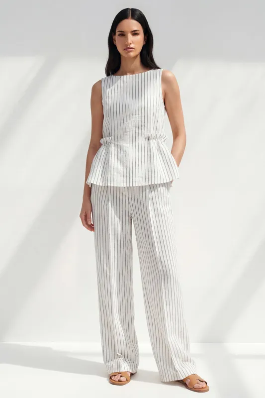 2 Piece White Boat Neck Ruffled Striped Slim Fit Business Suits made by Zapaka