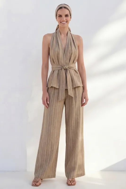 Khaki 2 Piece Halter Striped Wide Leg Business Suits with Belt made by Zapaka