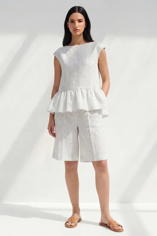 2 Piece White Boat Neck Ruffled Striped Business Suits with Pockets made by Zapaka