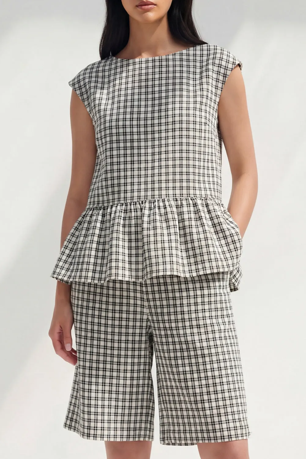 2 Piece Black and White Boat Neck Plaid Business Suits with Ruffles sold by Zapaka product image thumbnail 2