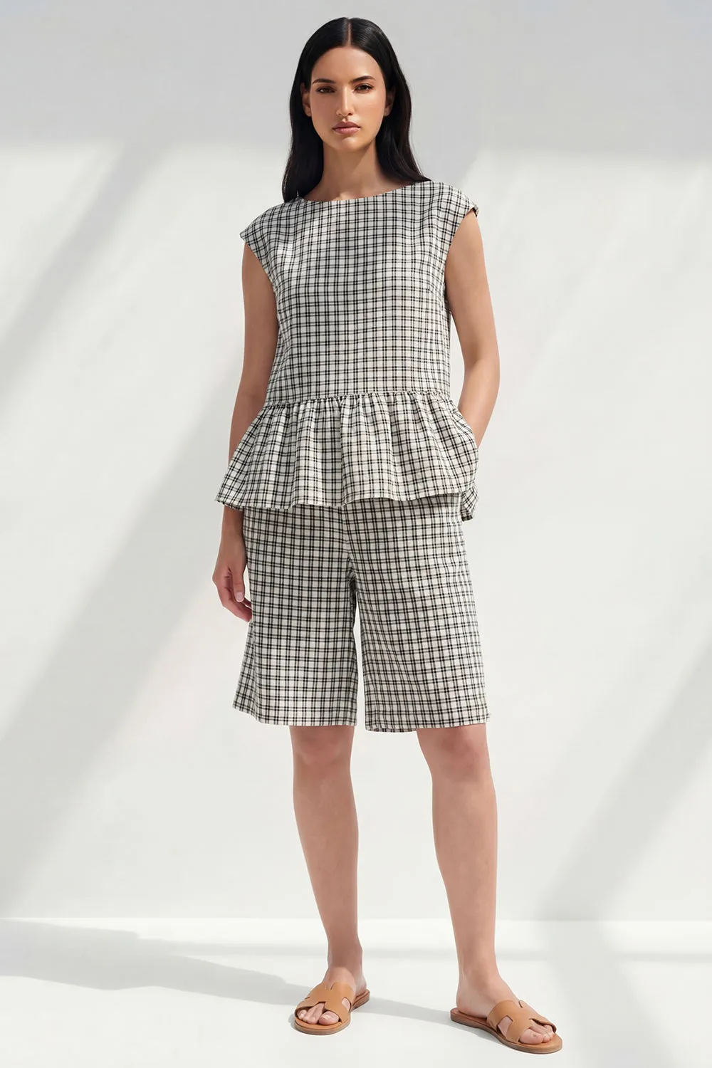 2 Piece Black and White Boat Neck Plaid Business Suits with Ruffles sold by Zapaka