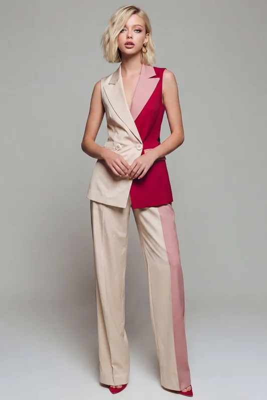 Notched Lapel ColorBlock Light Khaki 2 Piece Women Suits made by Zapaka