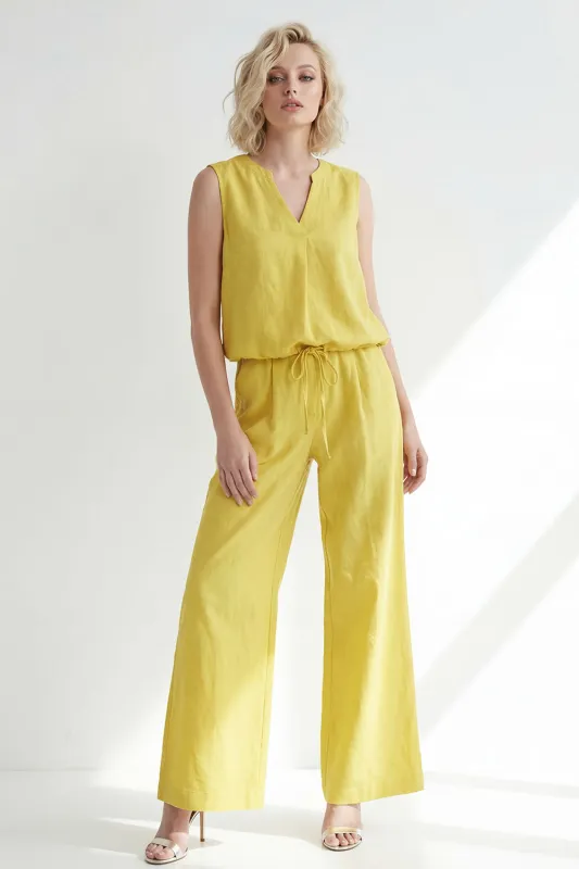 Butter Yellow V-Neck Slim Fit Long Women Suit with Belt made by Zapaka