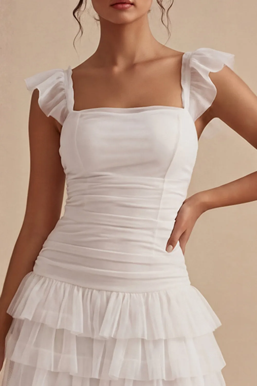 White Square Neck Short Ruched A Line Graduation Dress with Ruffles sold by Zapaka product image thumbnail 3