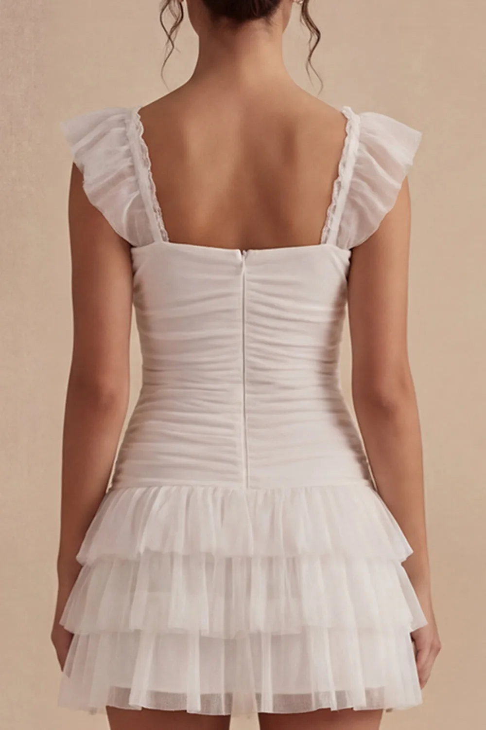 White Square Neck Short Ruched A Line Graduation Dress with Ruffles sold by Zapaka product image thumbnail 4