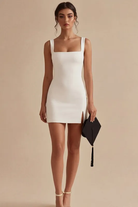 White Tight Short Square Neck Graduation Dress made by Zapaka