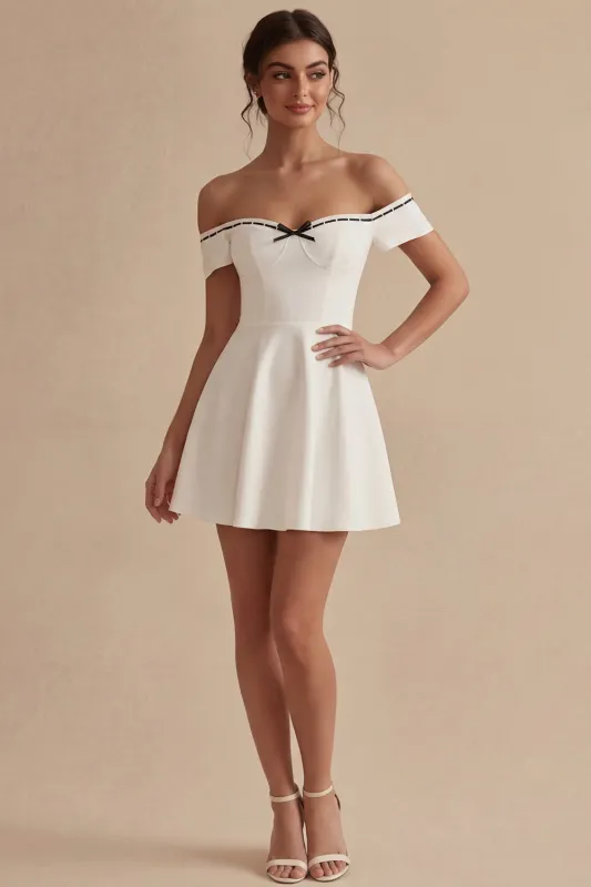 White Off the Shoulder Short A Line Graduation Dress with Bow made by Zapaka