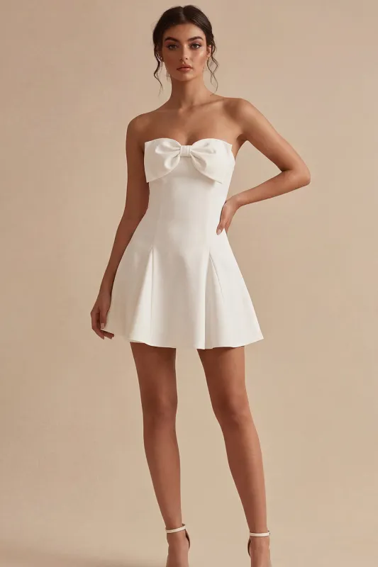 White A Line Strapless Short Graduation Dress with Bow made by Zapaka