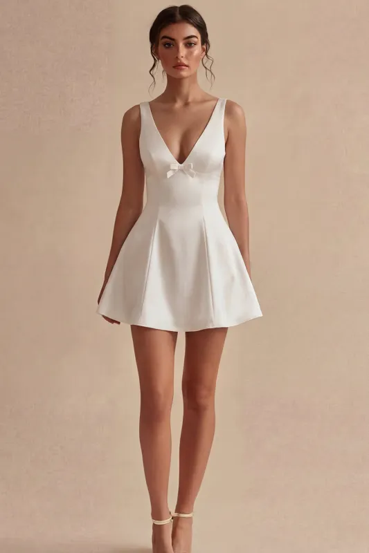 White V-Neck A Line Short Graduation Dress made by Zapaka